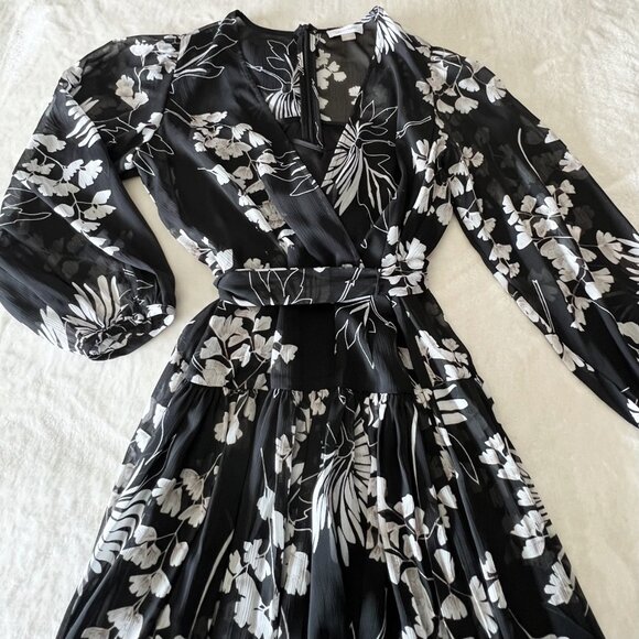 CALVIN KLEIN black white floral chiffon maxi lined flowy dress size 4 - Picture 3 of 8